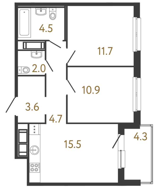3-комнатная (Евро) квартира, 52.9 м² в ЖК "Передвижники" - планировка, фото №1