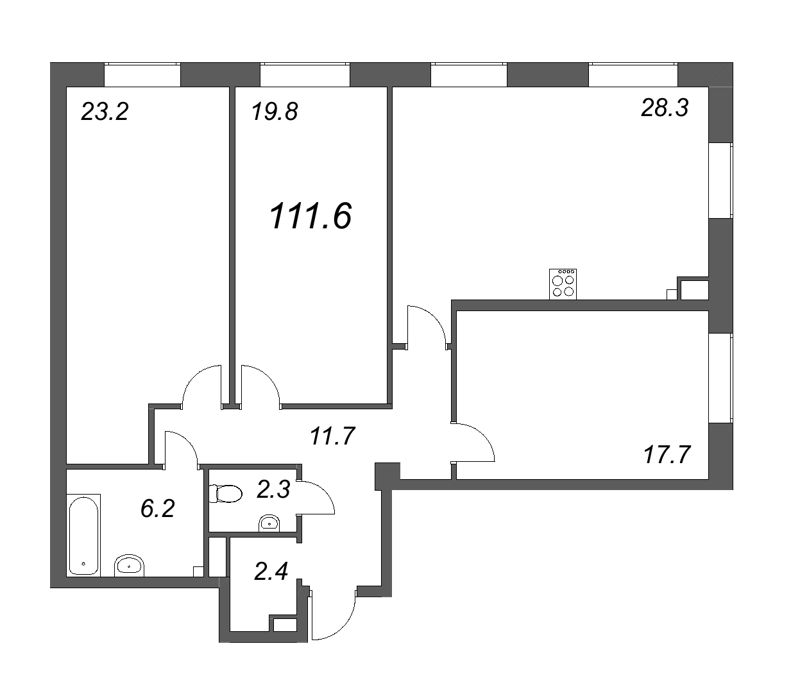 4-комнатная (Евро) квартира, 112.8 м² - планировка, фото №1