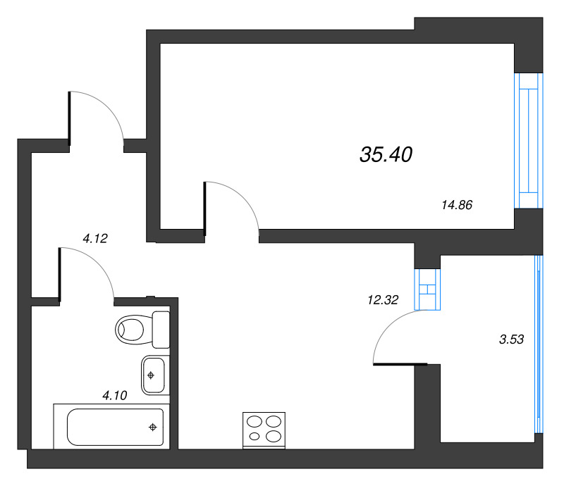 1-комнатная квартира, 35.4 м² в ЖК "Чёрная речка от Ильича" - планировка, фото №1
