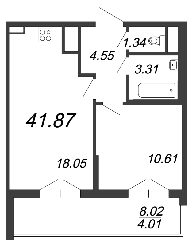 2-комнатная (Евро) квартира, 42.3 м² - планировка, фото №1