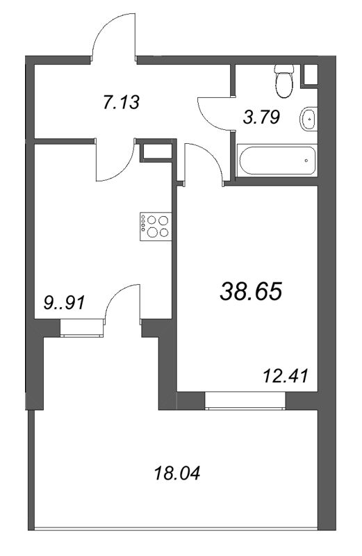 1-комнатная квартира, 38.65 м² в ЖК "Тишин" - планировка, фото №1