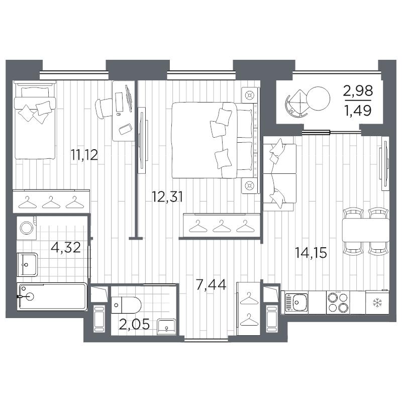 2-комнатная квартира, 52.88 м² в ЖК "Оптимист" - планировка, фото №1
