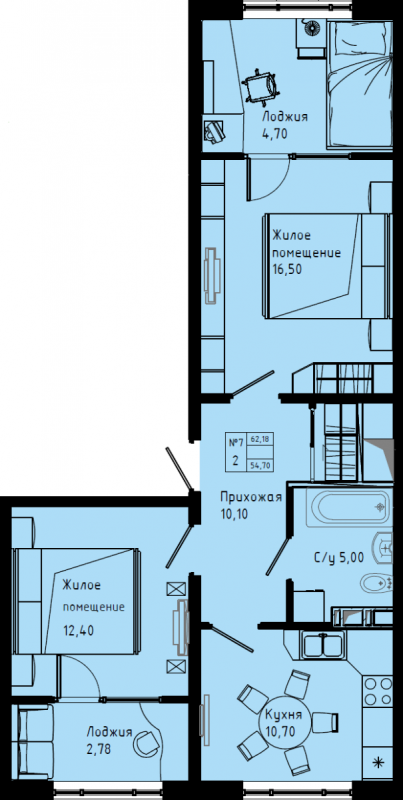 2-комнатная квартира, 62 м² в ЖК "Pixel" - планировка, фото №1