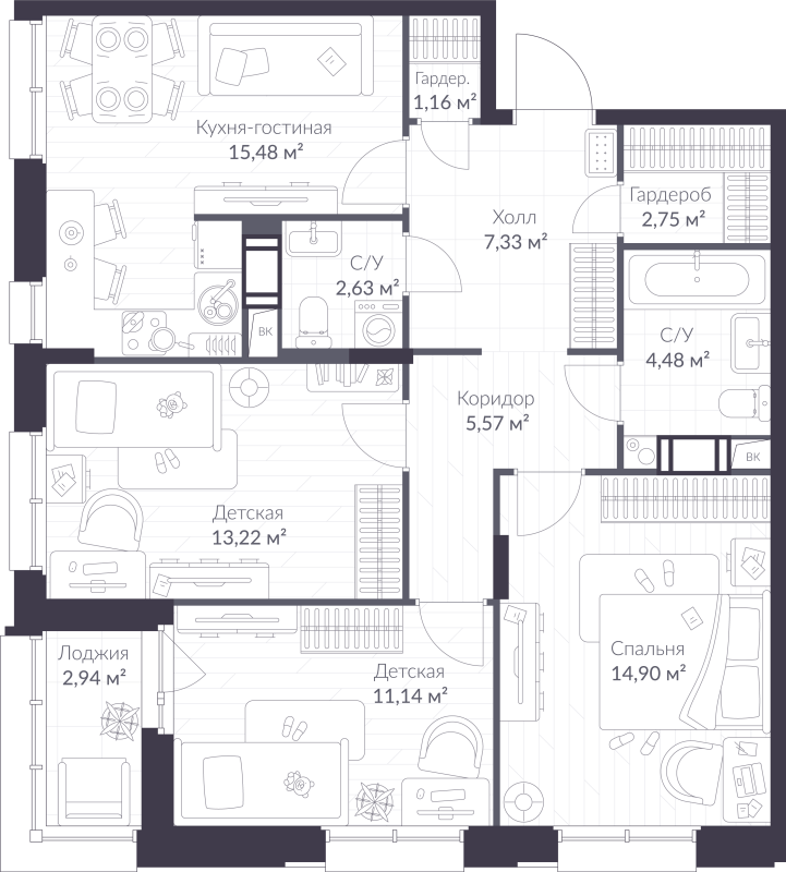 4-комнатная (Евро) квартира, 80.13 м² в ЖК "VEREN NORT сертолово" - планировка, фото №1