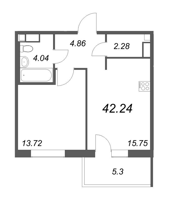 2-комнатная (Евро) квартира, 42.44 м² - планировка, фото №1