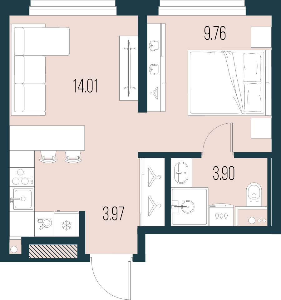 2-комнатная (Евро) квартира, 31.64 м² в ЖК "Новая Земля" - планировка, фото №1