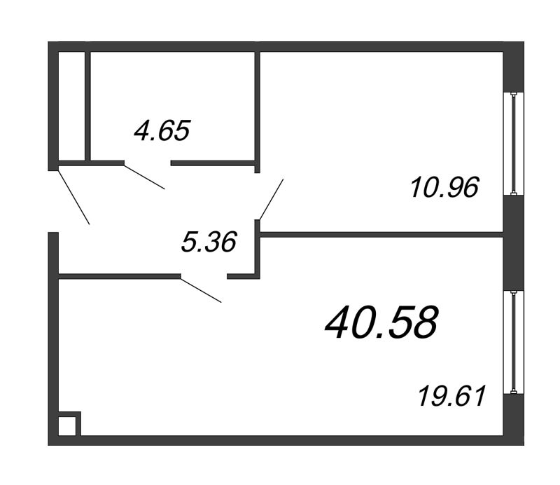 2-комнатная (Евро) квартира, 40.58 м² - планировка, фото №1