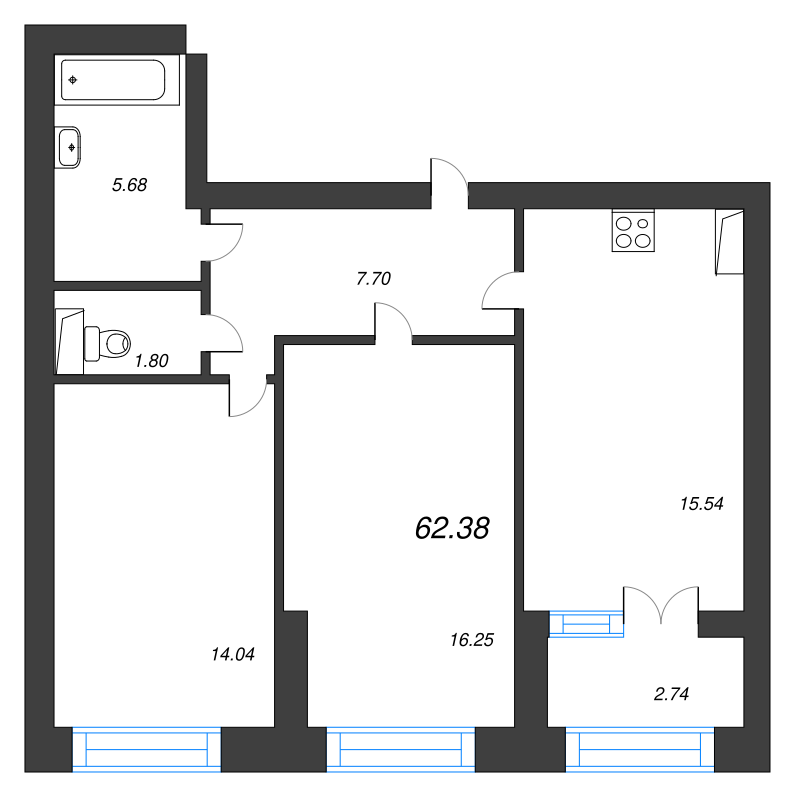 3-комнатная (Евро) квартира, 63.3 м² - планировка, фото №1