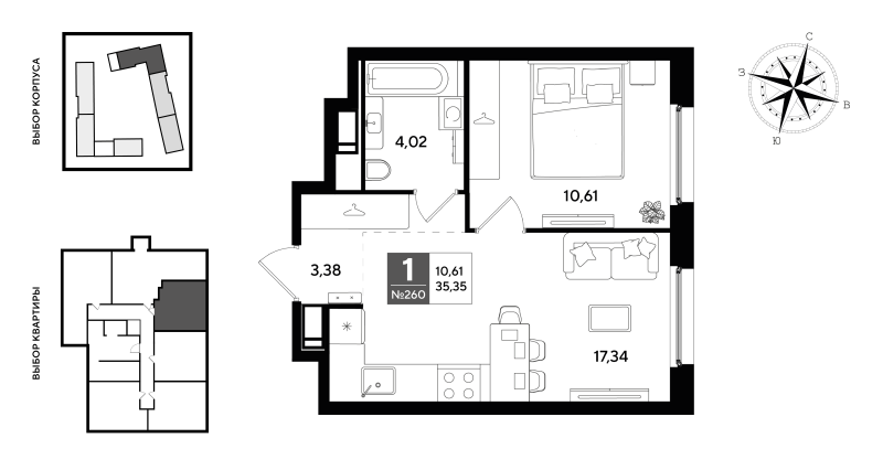 2-комнатная (Евро) квартира, 35.35 м² в ЖК "Догма Юкки 2" - планировка, фото №1
