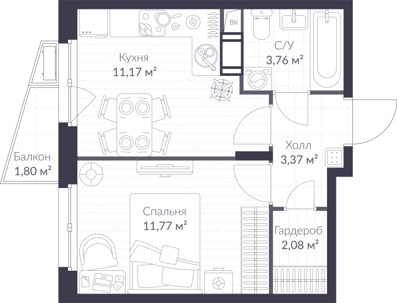 1-комнатная квартира, 32.69 м² в ЖК "ВЕРЕН НОРТ сертолово" - планировка, фото №1