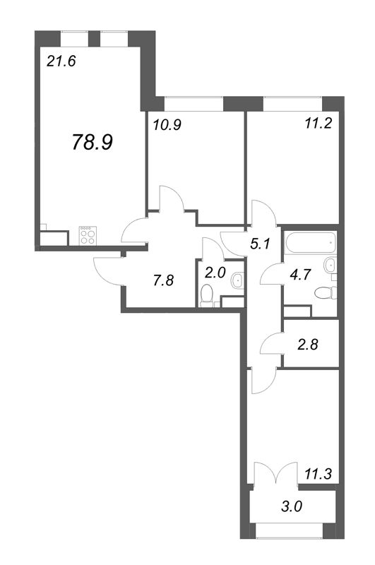 4-комнатная (Евро) квартира, 78.9 м² в ЖК "NewПитер 2.0" - планировка, фото №1