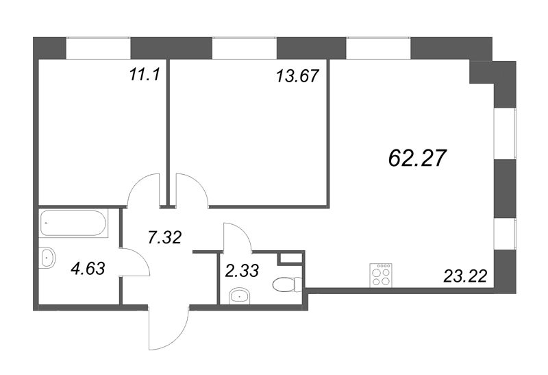 3-комнатная (Евро) квартира, 62.27 м² - планировка, фото №1
