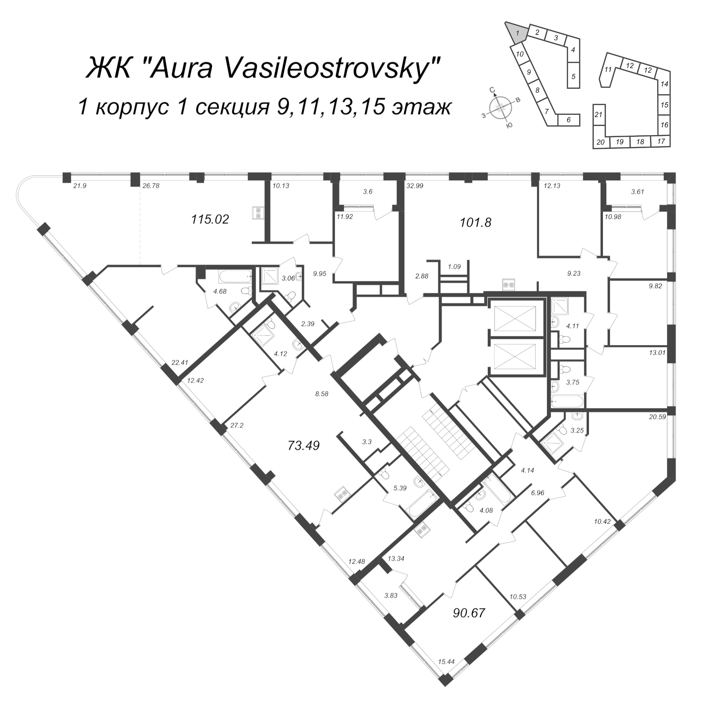 4-комнатная квартира, 90.67 м² в ЖК "GloraX Premium Василеостровский" - планировка этажа