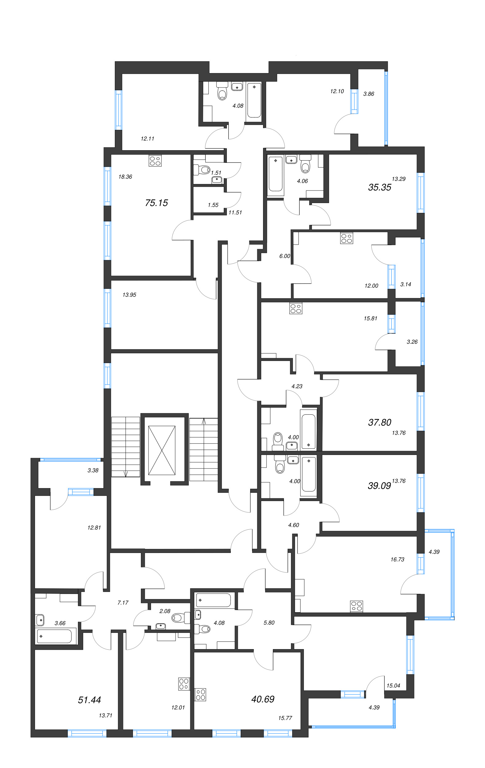 2-комнатная (Евро) квартира, 37.8 м² - планировка этажа