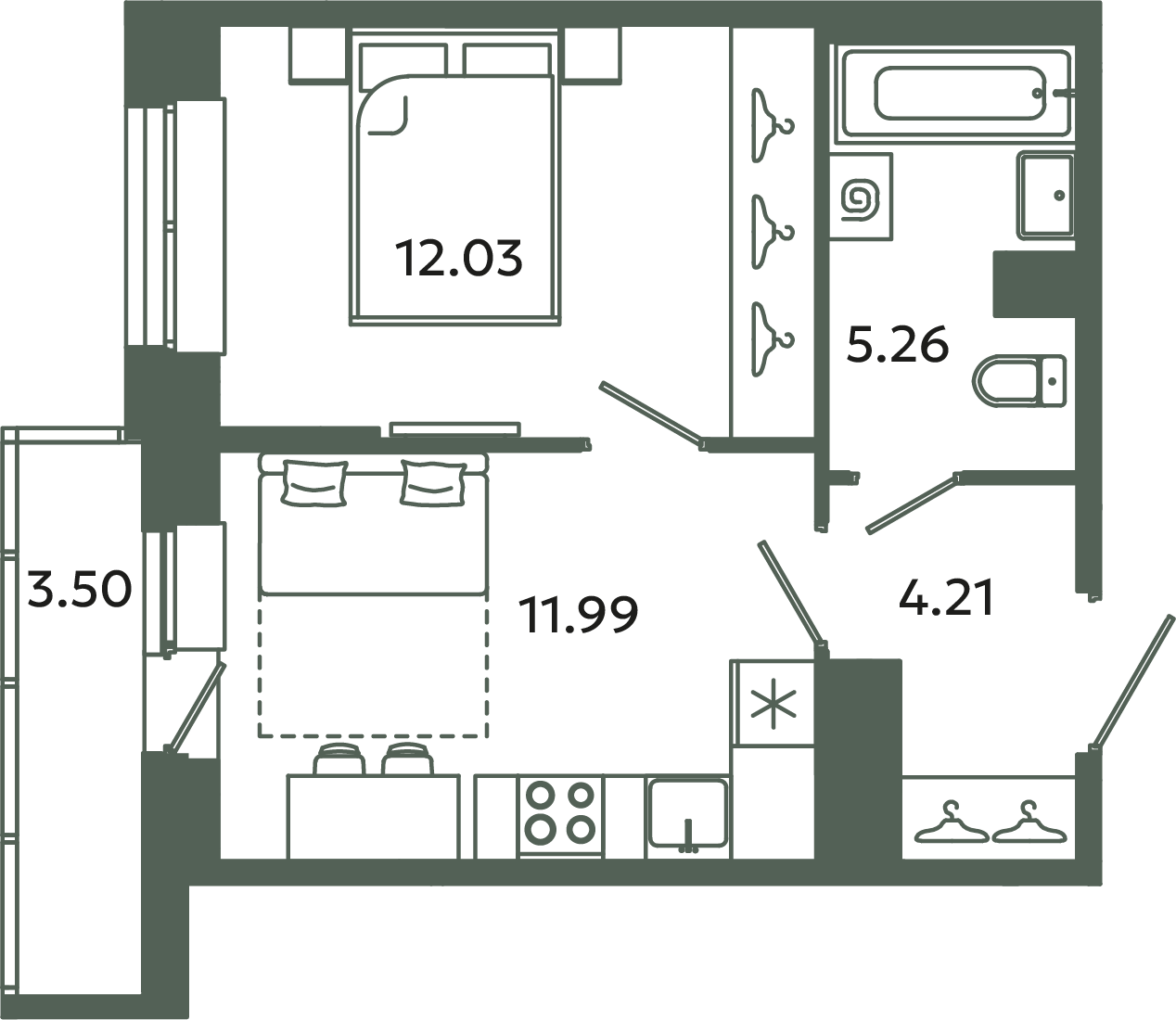 1-комнатная квартира, 35.24 м² в ЖК "Загляденье" - планировка, фото №1