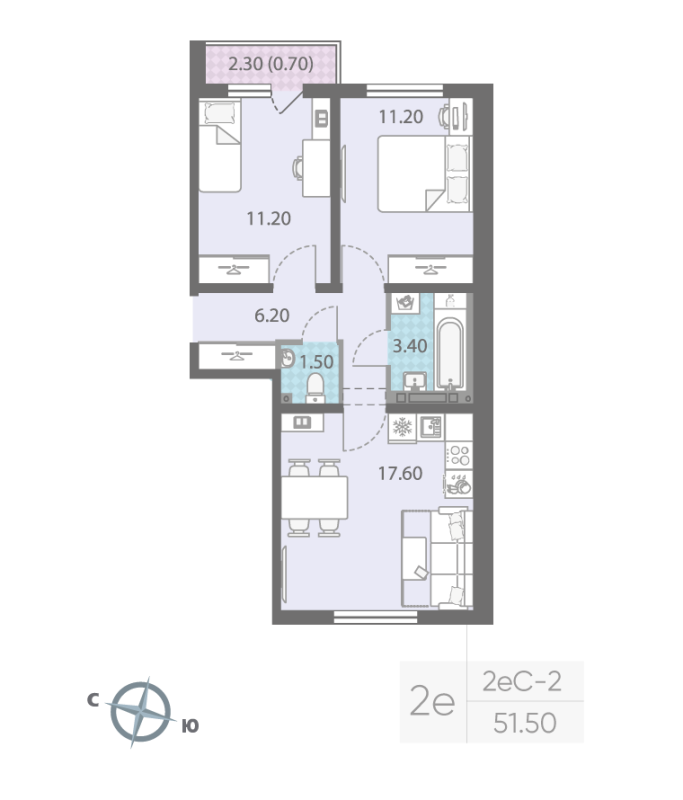 3-комнатная (Евро) квартира, 51.5 м² - планировка, фото №1