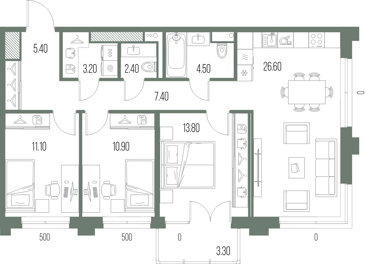 4-комнатная (Евро) квартира, 85.3 м² в ЖК "Легенда на Охте" - планировка, фото №1