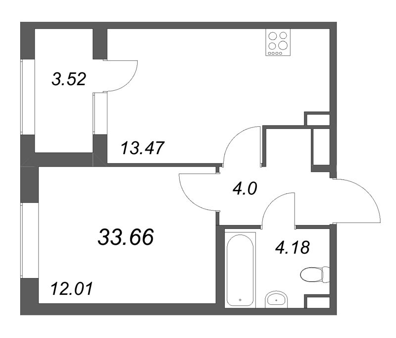 1-комнатная квартира, 33.66 м² в ЖК "Дубровский" - планировка, фото №1