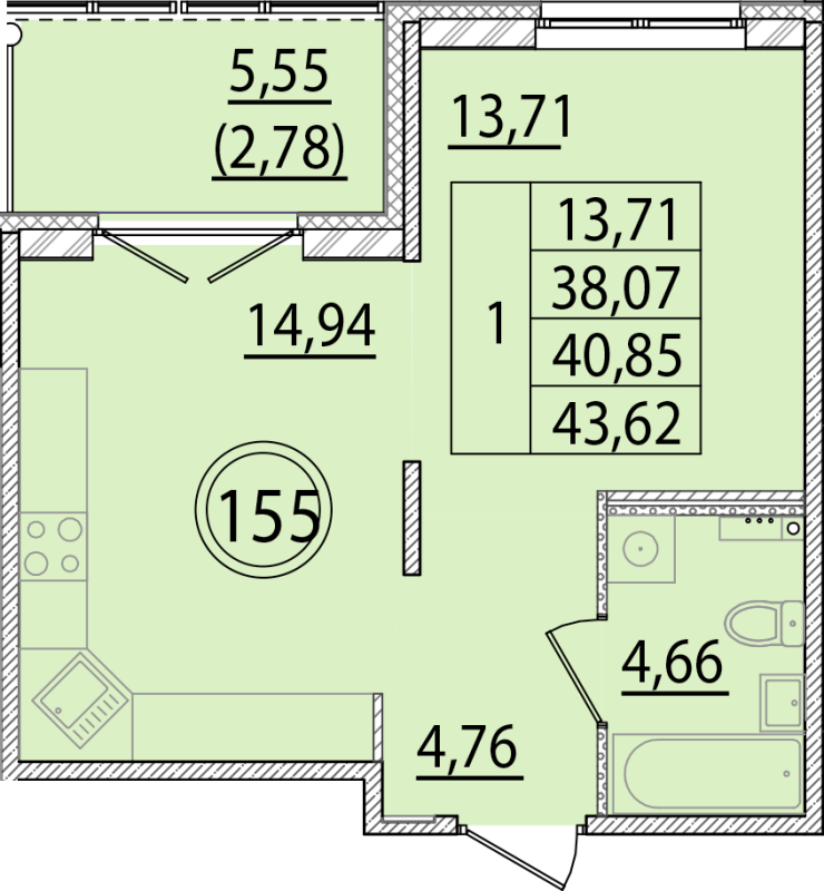 1-комнатная квартира, 38.07 м² в ЖК "Образцовый квартал 15" - планировка, фото №1
