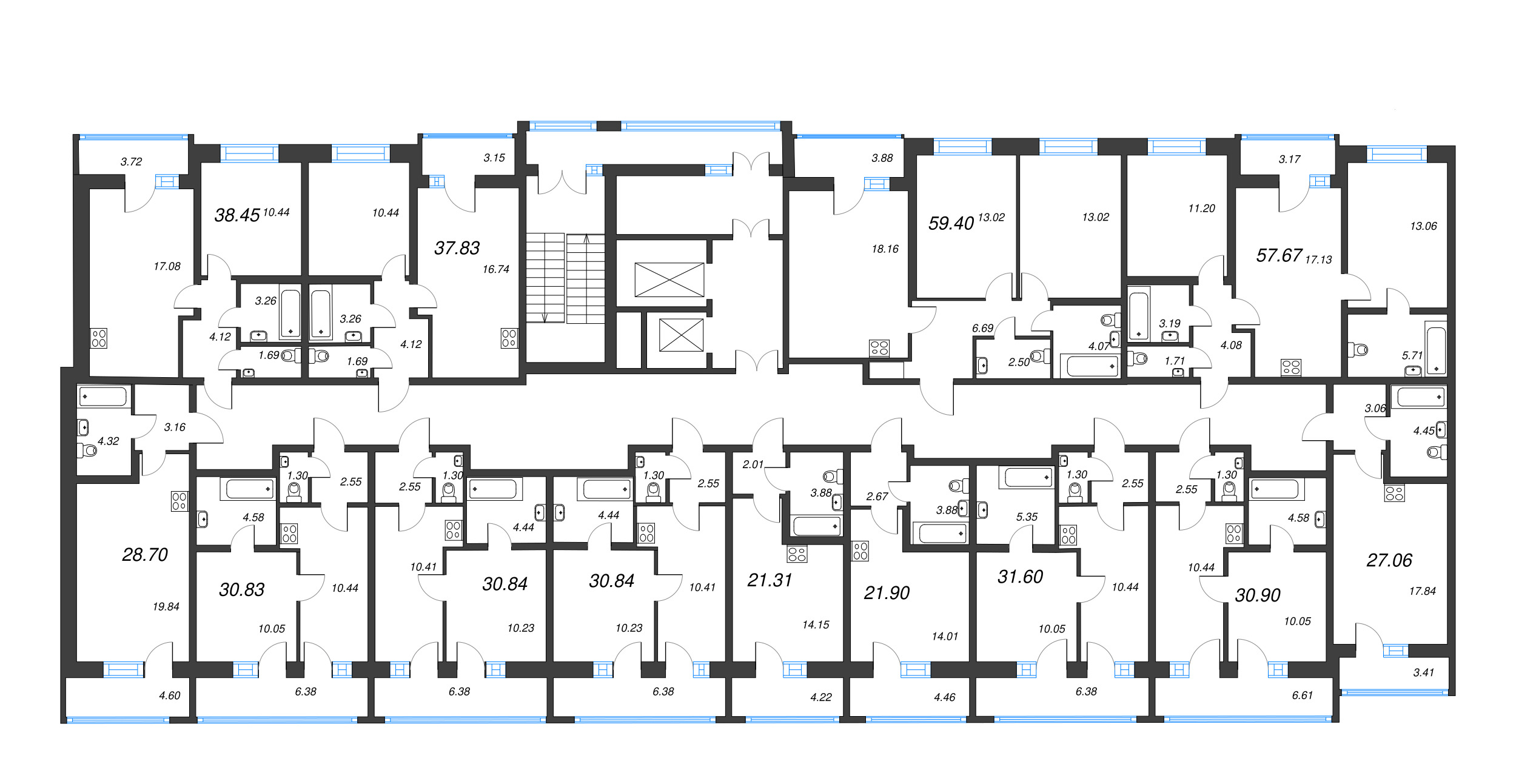 2-комнатная (Евро) квартира, 38.45 м² - планировка этажа