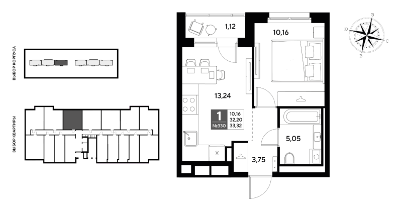 1-комнатная квартира, 33.32 м² в ЖК "Догма Юкки" - планировка, фото №1