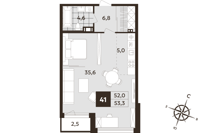 Квартира-студия, 52 м² в ЖК "Дом на Бронницкой" - планировка, фото №1