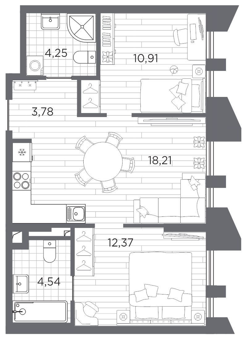 3-комнатная (Евро) квартира, 54.06 м² в ЖК "Галерная гавань" - планировка, фото №1