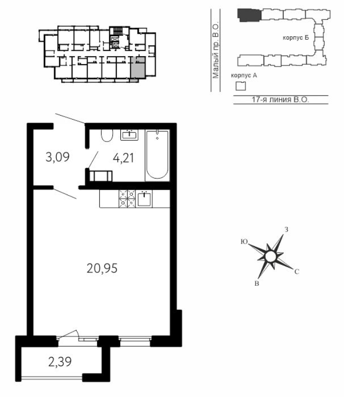 Квартира-студия, 28.97 м² в ЖК "17-я линия" - планировка, фото №1