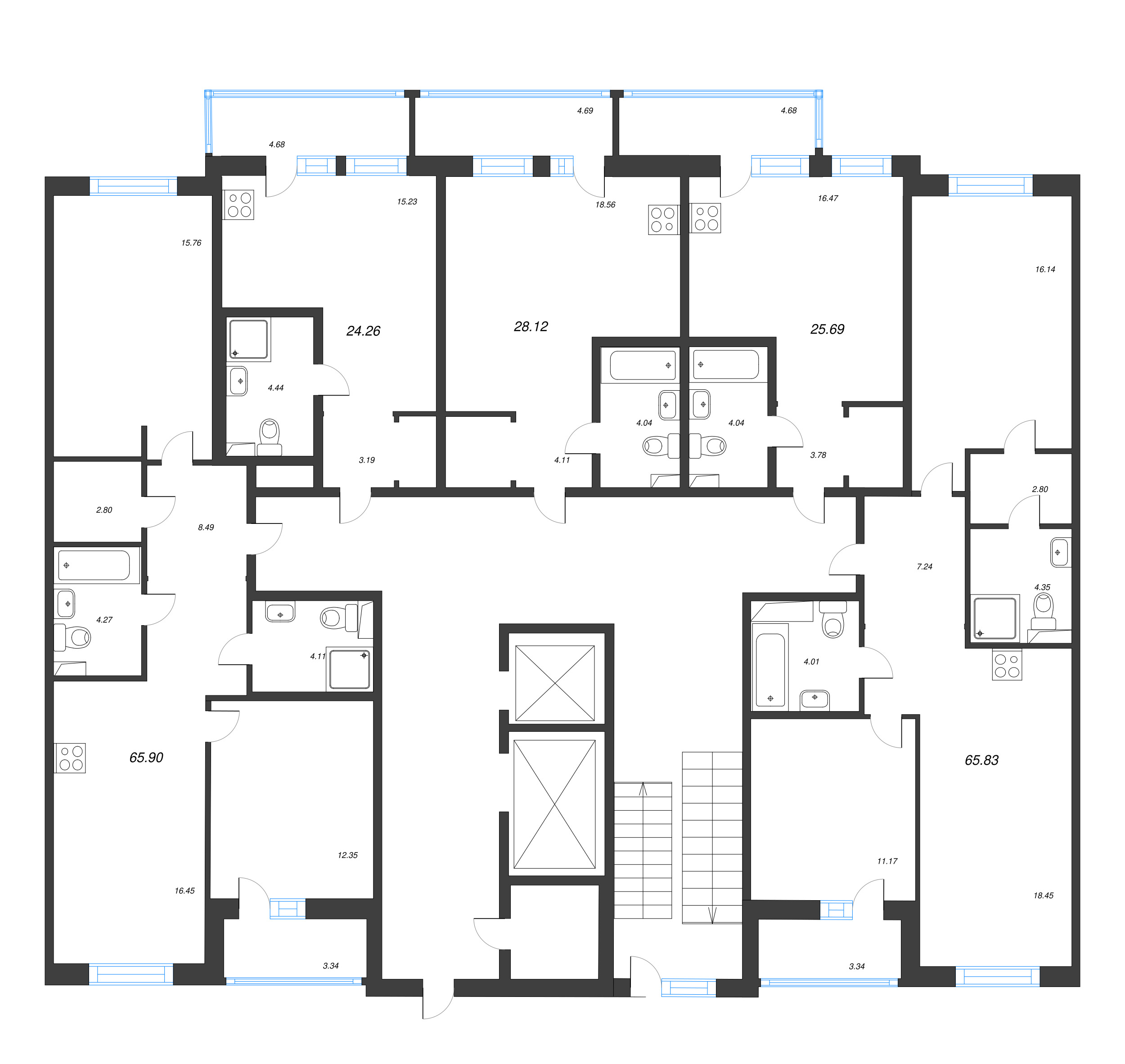 3-комнатная (Евро) квартира, 65.83 м² в ЖК "Энфилд" - планировка этажа