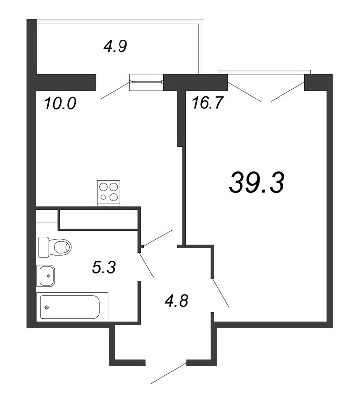 1-комнатная квартира, 39.2 м² - планировка, фото №1