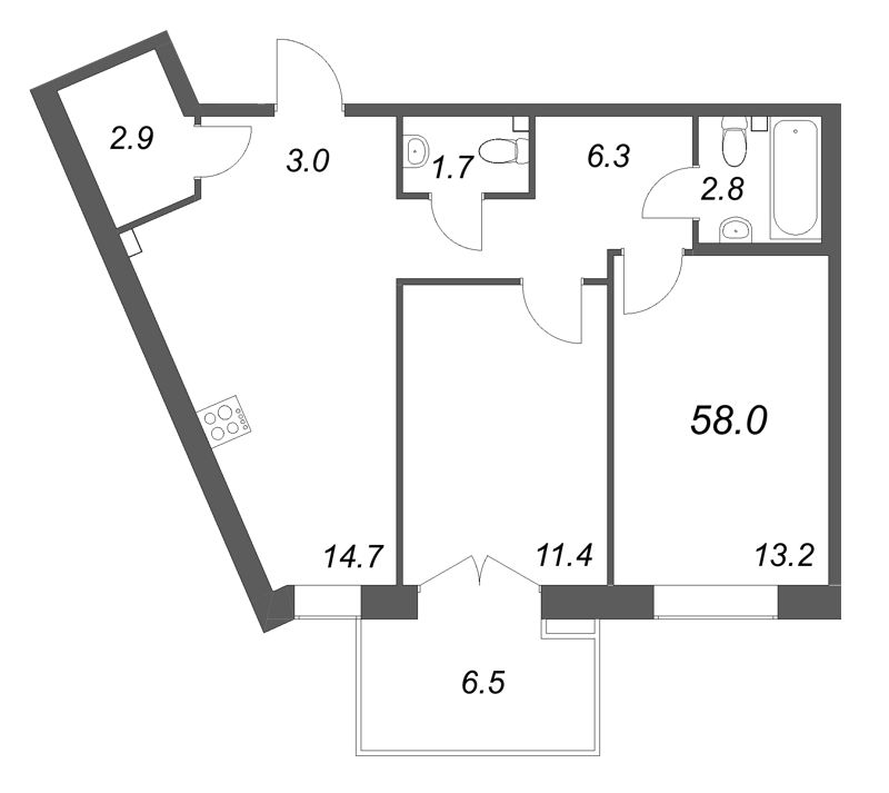 2-комнатная квартира, 58 м² в ЖК "Кронунг ЮГ" - планировка, фото №1