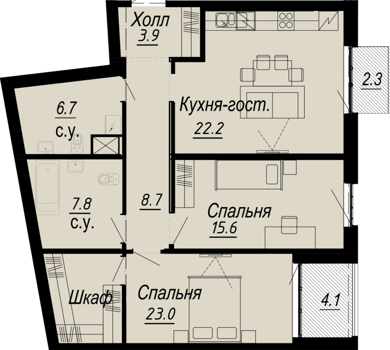 2-комнатная квартира, 91.1 м² - планировка, фото №1