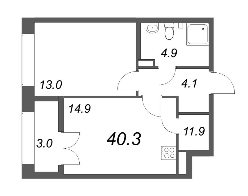 1-комнатная квартира, 40.2 м² в ЖК "NewПитер 2.0" - планировка, фото №1