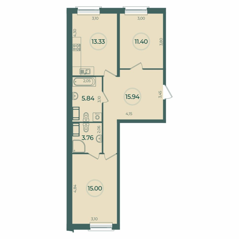 2-комнатная квартира, 65.27 м² в ЖК "Дуалист" - планировка, фото №1