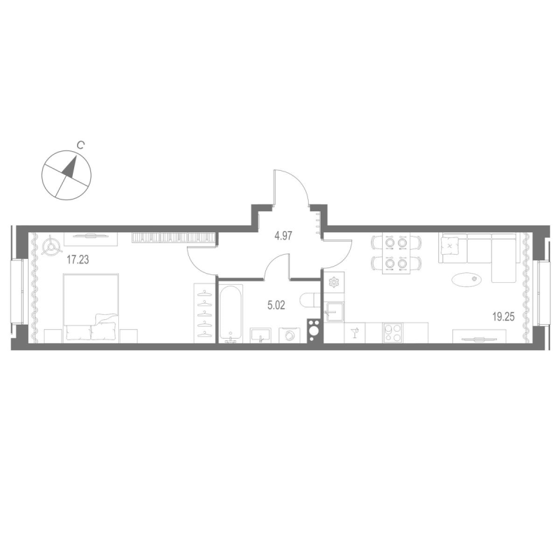 2-комнатная (Евро) квартира, 46.47 м² в ЖК "Остров Первых" - планировка, фото №1