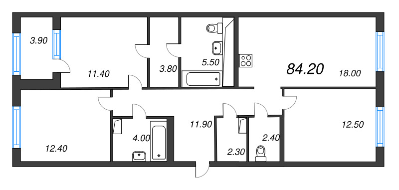 4-комнатная (Евро) квартира, 84.2 м² - планировка, фото №1