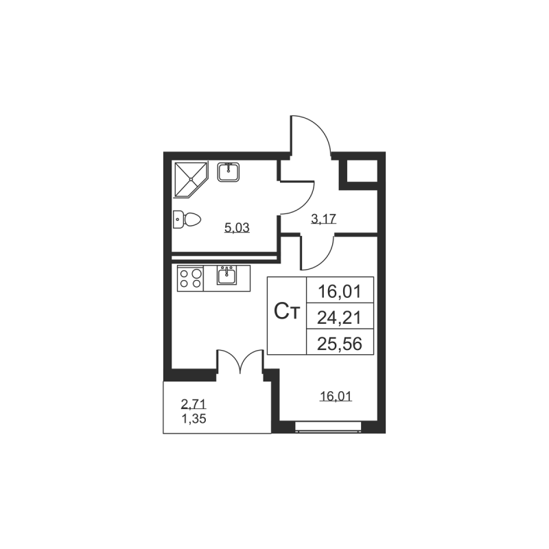 Квартира-студия, 25.56 м² в ЖК "Высота" - планировка, фото №1