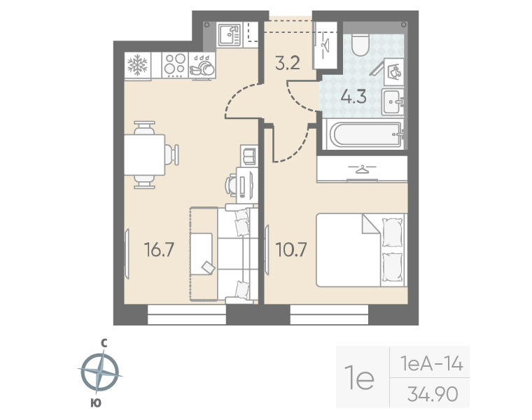 2-комнатная (Евро) квартира, 34.9 м² в ЖК "Большая Охта" - планировка, фото №1