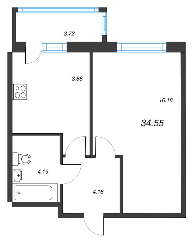 1-комнатная квартира, 34.55 м² - планировка, фото №1