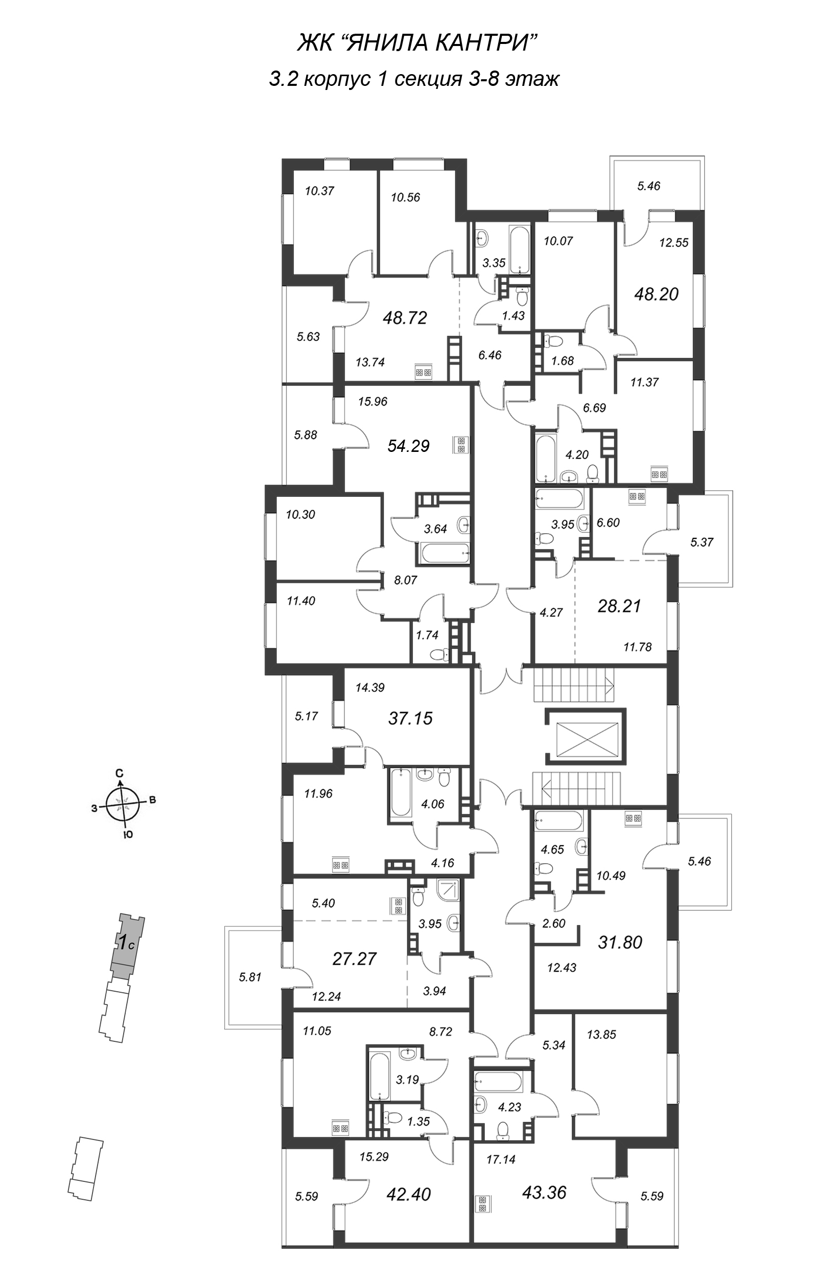1-комнатная квартира, 26.6 м² - планировка этажа