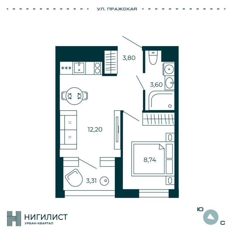 1-комнатная квартира, 30 м² в ЖК "Нигилист" - планировка, фото №1