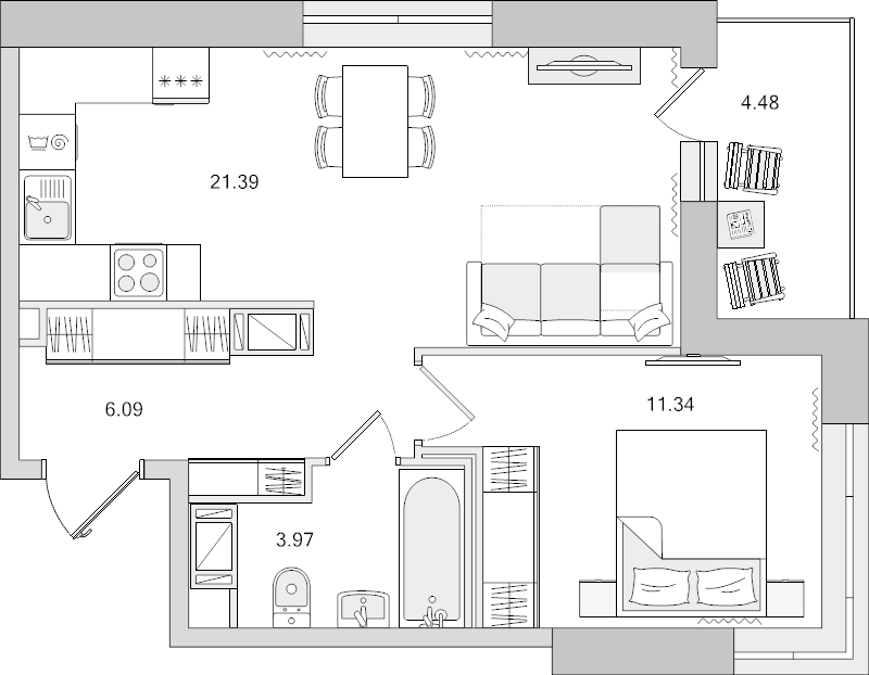 2-комнатная (Евро) квартира, 42.92 м² - планировка, фото №1