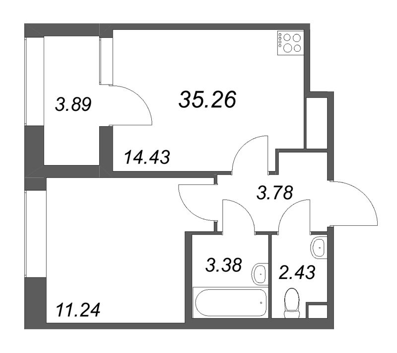 1-комнатная квартира, 35.26 м² в ЖК "Дом на Курской" - планировка, фото №1