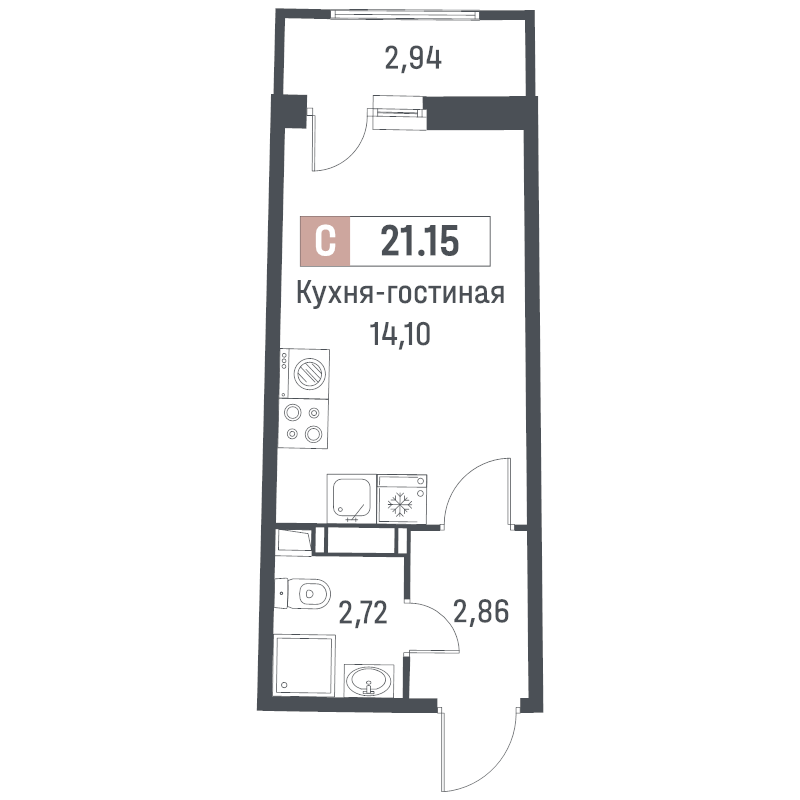 Квартира-студия, 21.15 м² в ЖК "Авиатор" - планировка, фото №1