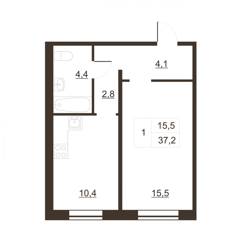 1-комнатная квартира, 38.8 м² - планировка, фото №1