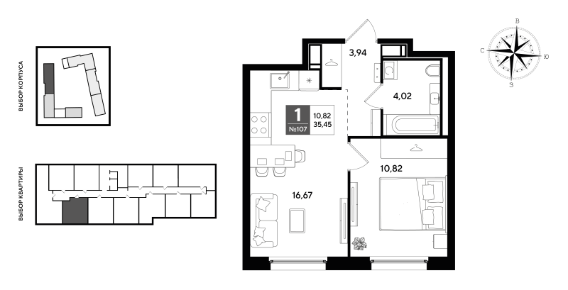 2-комнатная (Евро) квартира, 35.45 м² в ЖК "Догма Юкки 2" - планировка, фото №1
