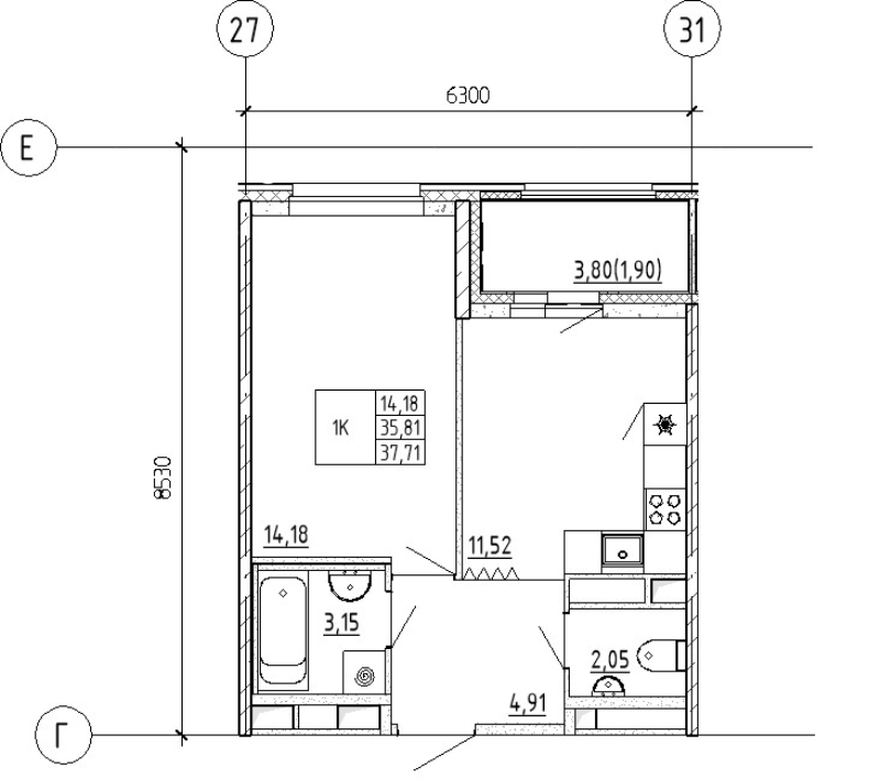 1-комнатная квартира, 37.71 м² - планировка, фото №1