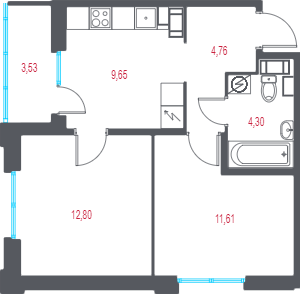 2-комнатная квартира, 44.89 м² в ЖК "Город-спутник Южный" - планировка, фото №1