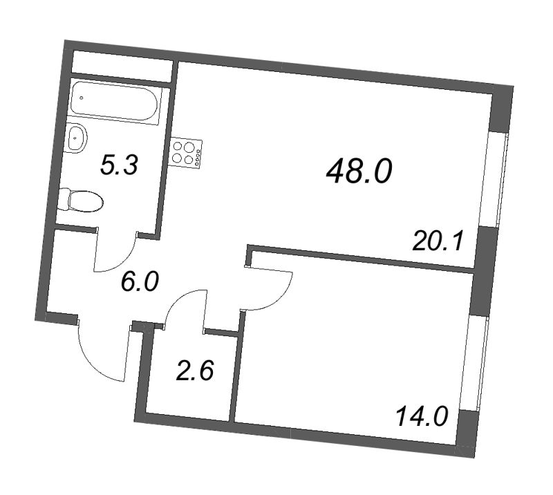 2-комнатная (Евро) квартира, 48 м² в ЖК "Визионер" - планировка, фото №1