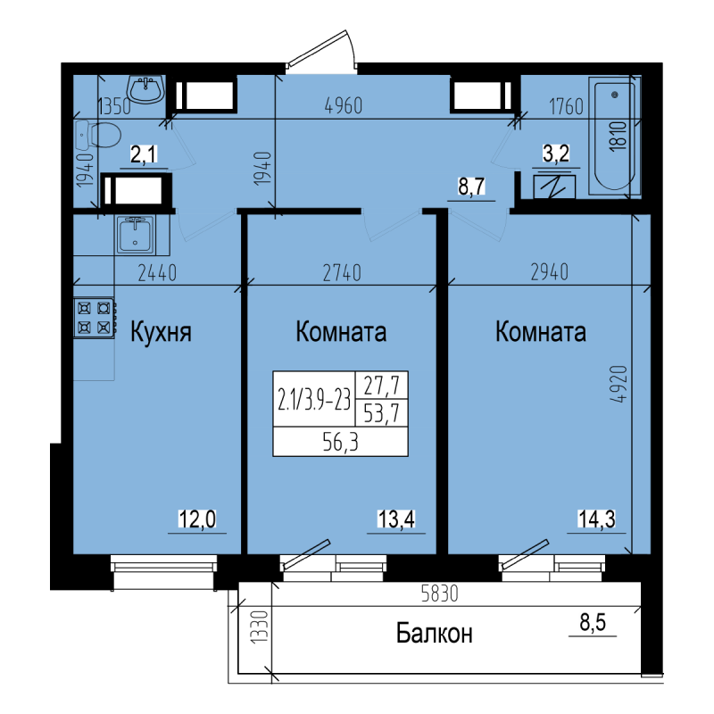 2-комнатная квартира, 56.3 м² - планировка, фото №1